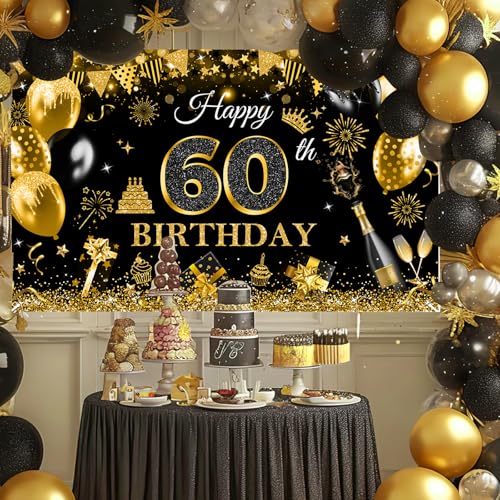 Image of Avezano Happy 60th Birthday Banner for Men Black and Gold Glitter Balloon 60 Birthday Party Backdrop 60 Year Old Bday Photo Backdrop Party Supplies 70.8 x 43.3 Inch
