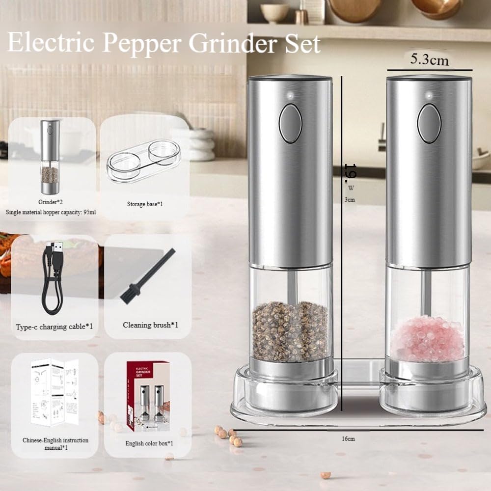 Electric One-Touch Grinder with Adjustable Coarseness & Rechargeable Battery. Ideal for salt, pepper, herbs. Perfect kitchen essential or gift (2 Silver long silo)
