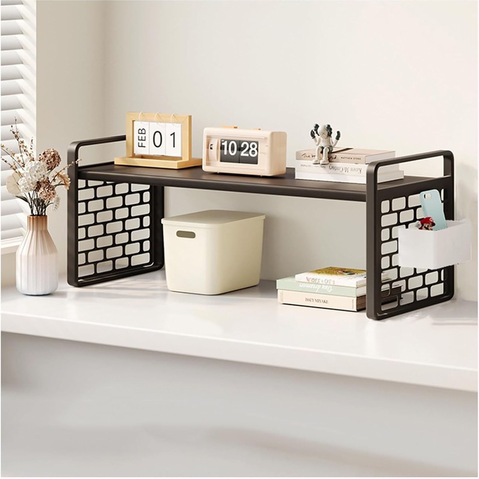 Libreria Da Scrivania In Ferro E Legno - Singola Con Cestino Appeso, Mensola Espositiva Multiuso Banco, Scaffale Portaoggetti Per Piccoli Spazi(White,40x20x18 cm)
