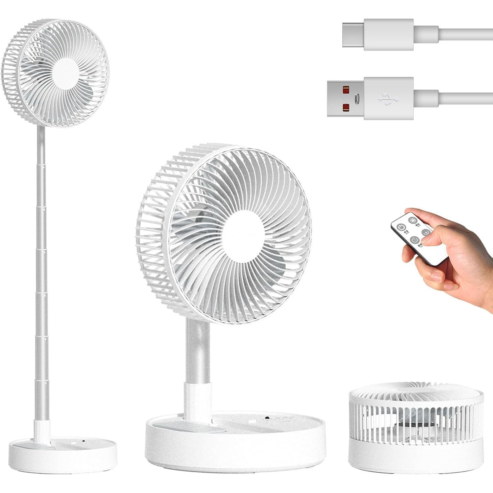 Ventilatore da terra pieghevole con telecomando, oscillante a 180°, 4 velocità, 7200 mAh, ricaricabile, ventilatore telescopico da pavimento e scrivania per casa, stanza, ufficio