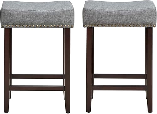 Miniatura 8 de COSTWAY Juego de 4 taburetes de bar de altura de mostrador, 29 pulgadas de altura, con borde de cabeza de clavos de latón, cojín grueso, patas de