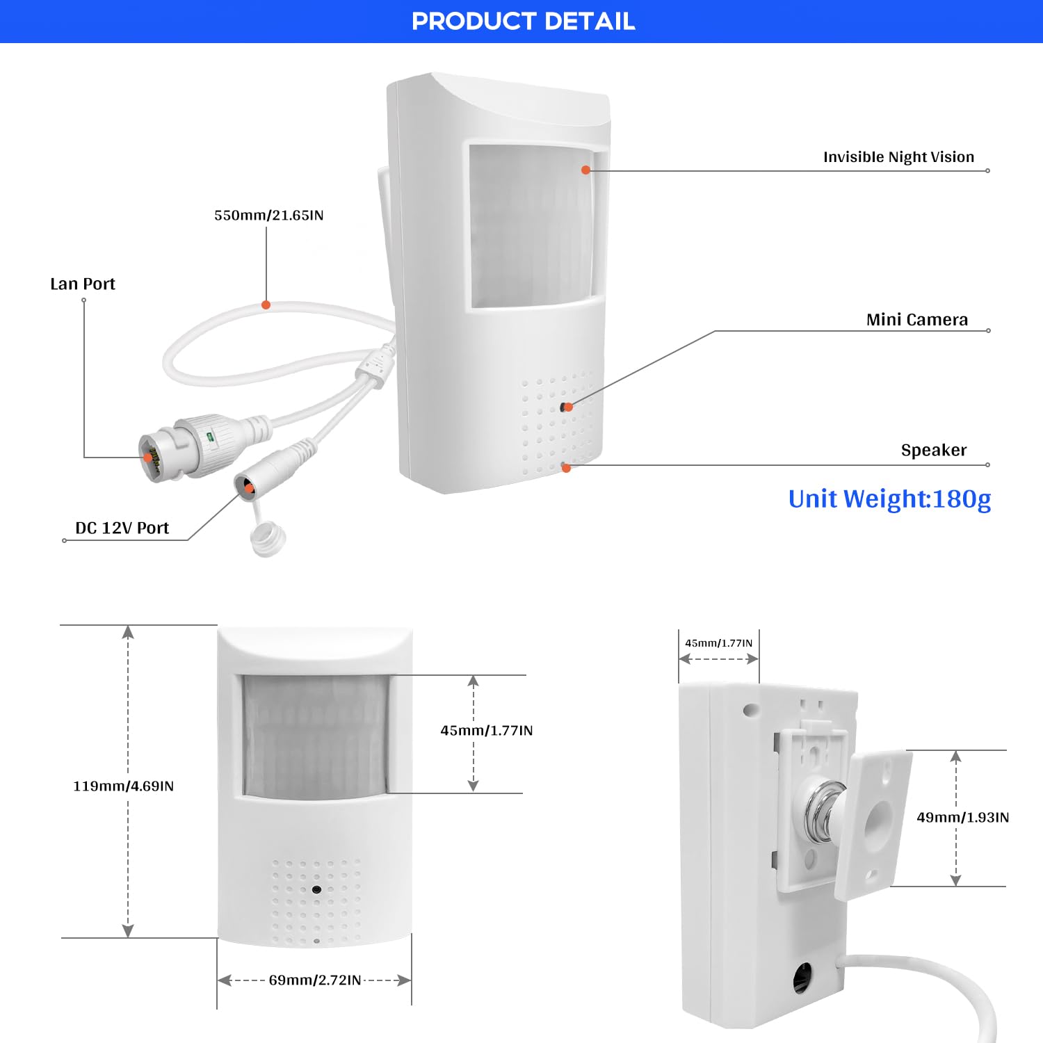 MWRCTV Audio 8MP 4K 3.7mm Lente de visión nocturna Mini IP 940nm infrarrojo IR LED PIR estilo P2P POE interior detector de movimiento cámara de seguridad para NVR/RSTP (no inalámbrica)