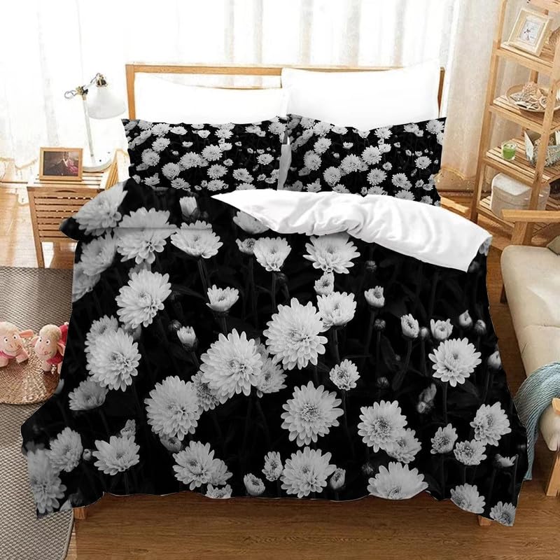 Housse de couette 90x190 marguerite noire et taie d'oreiller lit enfant