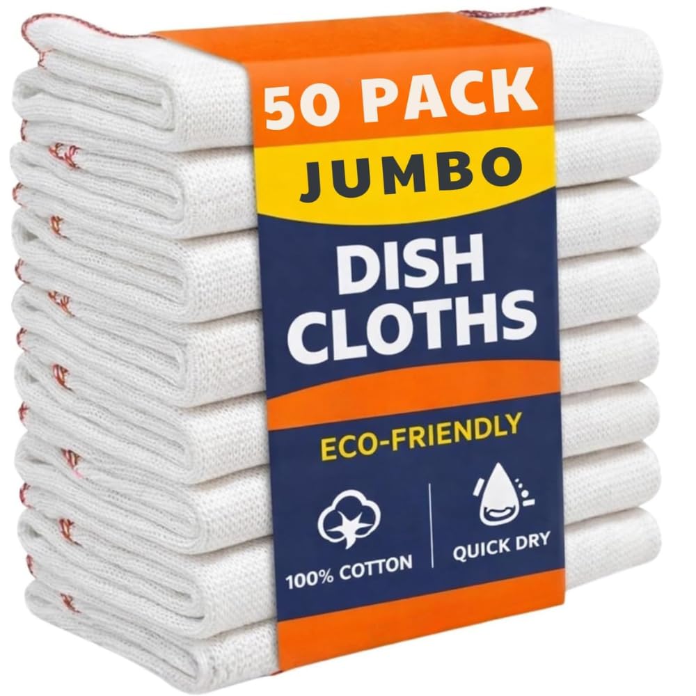 Jumbo Ultra Absorbent Dish Cloths for Washing Up – 50 Pack Quick Dry Tea Towels, Reusable 100% Cotton Doubled Layer Odor Free Kitchen Cleaning Cloths for Dishes & Surfaces (52x38cm)