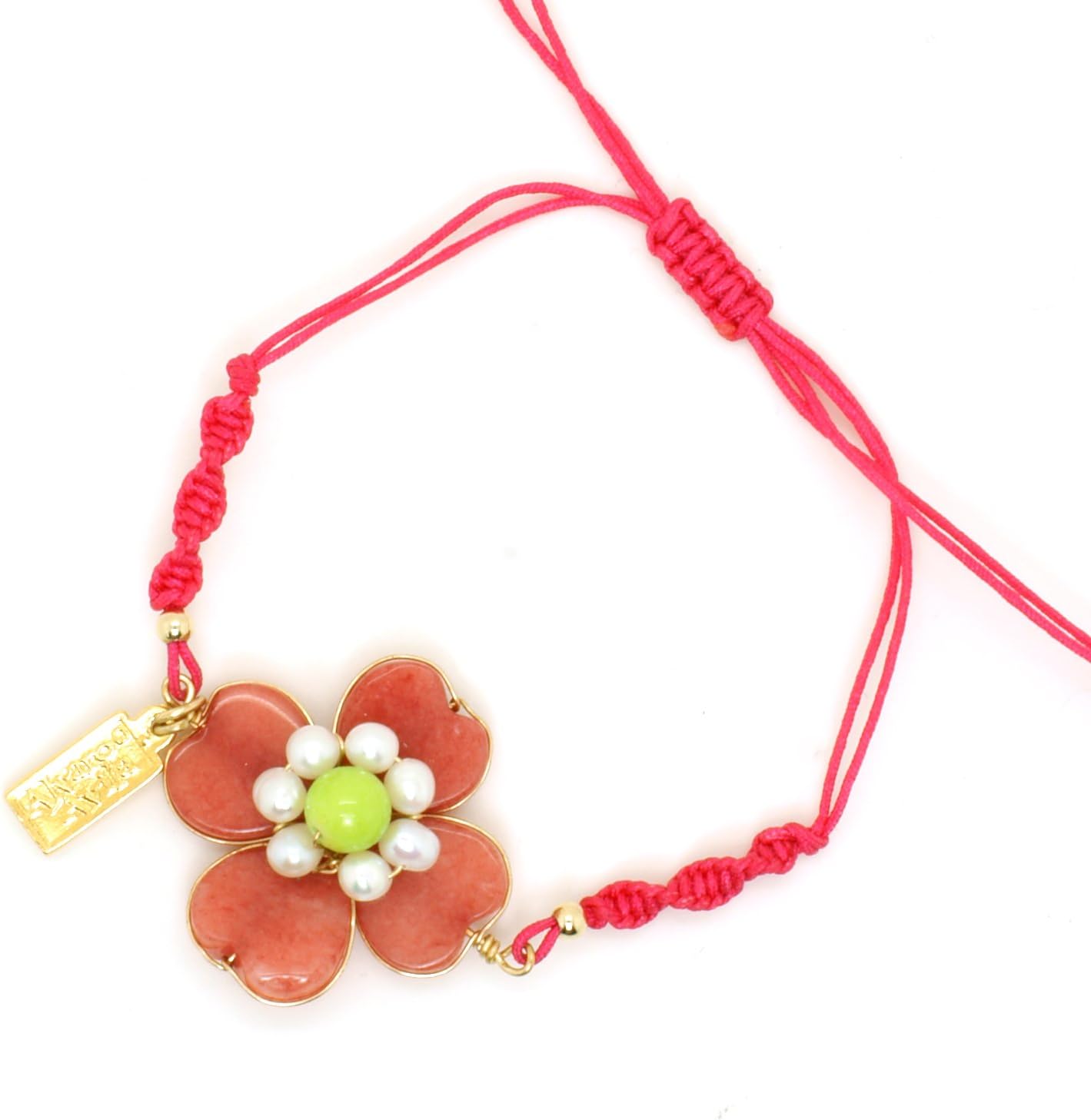 Pink Flower Natural Stone Knotted String Bracelet: Pink