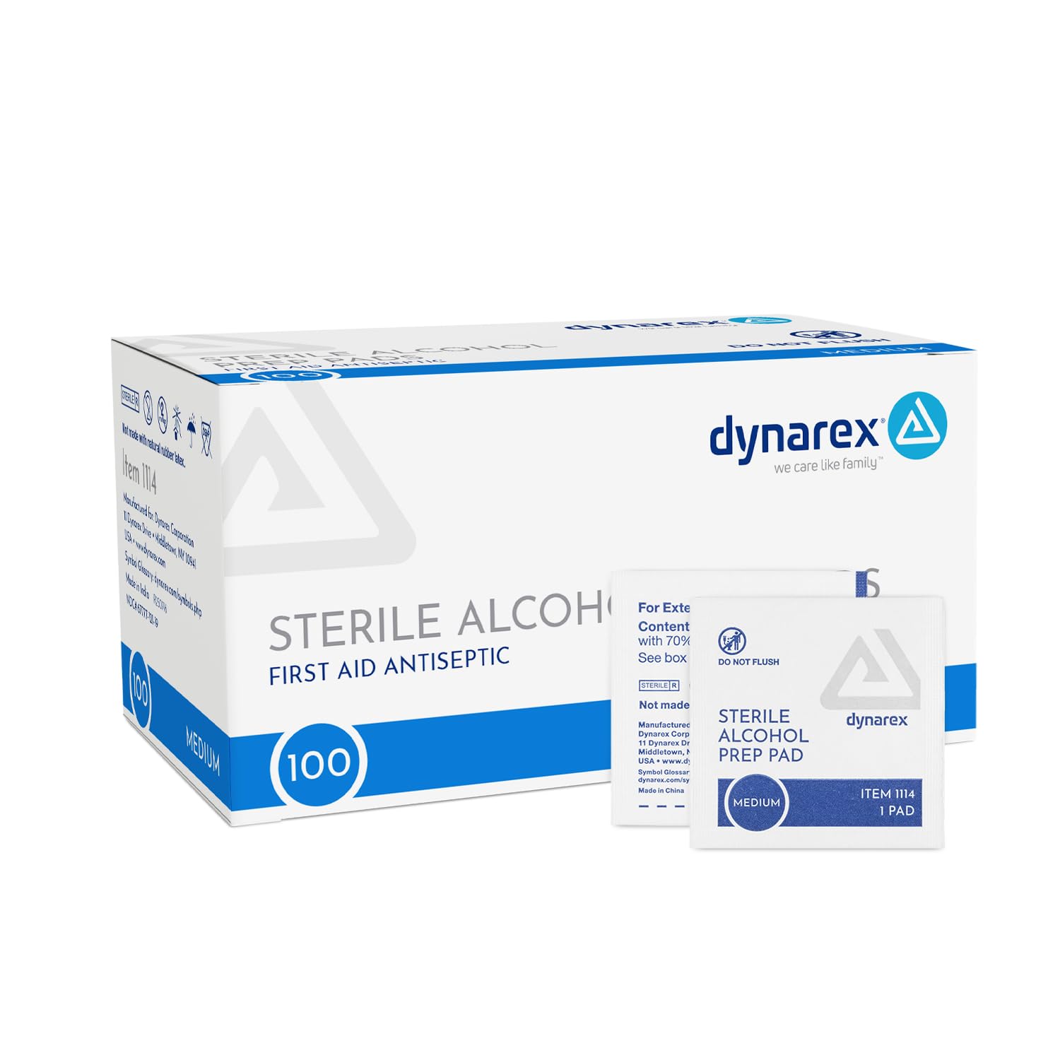 Dynarex DynaSafety Sterile Alcohol Prep Pads - Medium - 70% Isopropyl Alcohol, Individually Wrapped, Soft Cleaning Wipes - 100 per Box