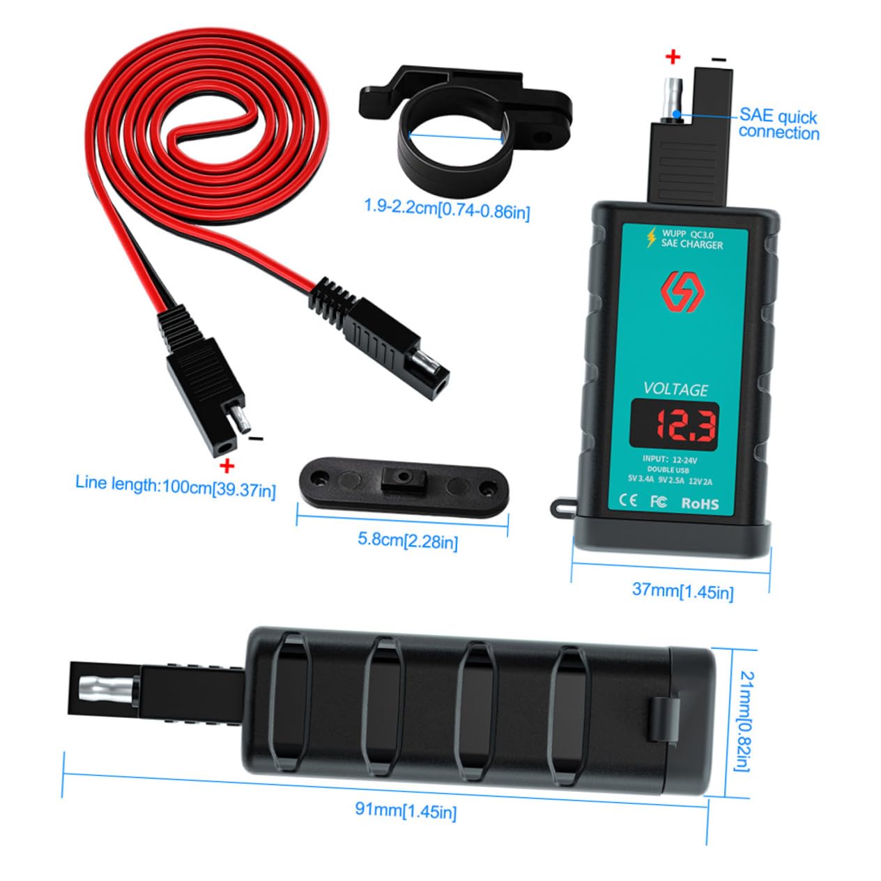 Hemobllo Motorcycle Power Outlet Fast Charger SAE Phone Adapter Voltmeter Button Switch 1m SAE Cable