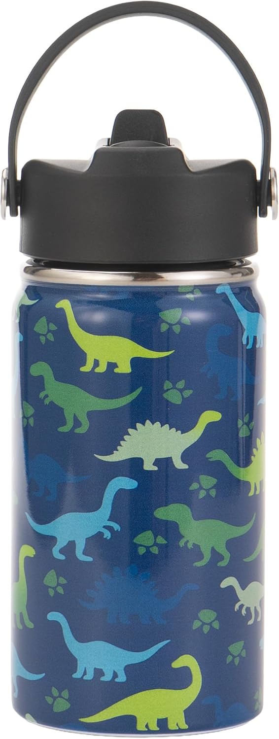 12oz Kids Insulated Water Bottle with Flip Straw & Big Handle, Double Wall 18/8 Stainless Steel, Leakproof Gift for Kids Girls to School Travel Sports (Dinosaur2)