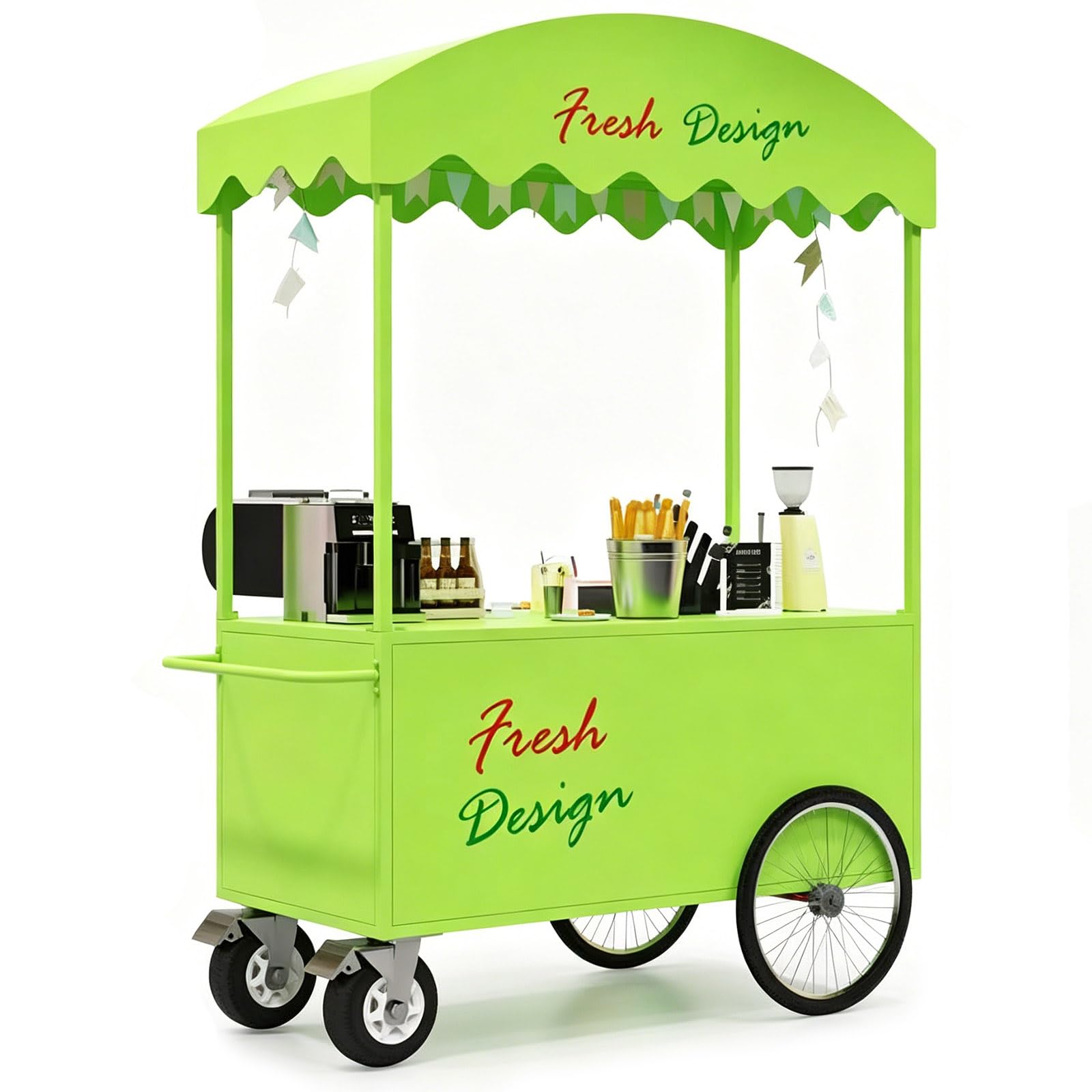 Mobiler Verkaufswagen mit Dach, Kaffee- und Snackwagen mit Rollen und Stauraum für Strandmärkte, Street Food, Pop-up Events und Outdoor Catering Grass Green