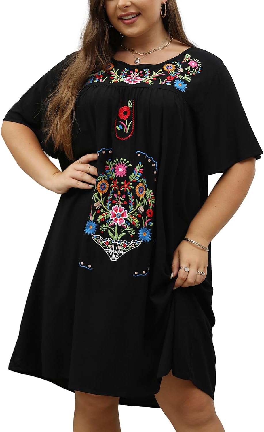 HigustarWomen's Mexican Embroidered Dresses Bohemian Peasant Fiesta Boho Traditional Floral Plus Size Short Dress