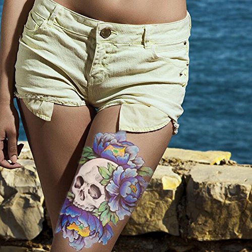 TAFLY Temporary Tattoo Paper Sexy Large Blue Skull Flower Transfer Tattoos Stickers for Women's 2 Sheets
