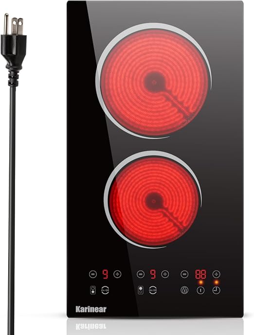 Karinear 110V Electric Cooktop 2 Burner - 12 Inch Plug in Electric Stove 110v, Countertop & Built-in Ceramic Cooktop, 2000W, Timer, Safety Lock, Residual Heat Indicator, Overheat Protection