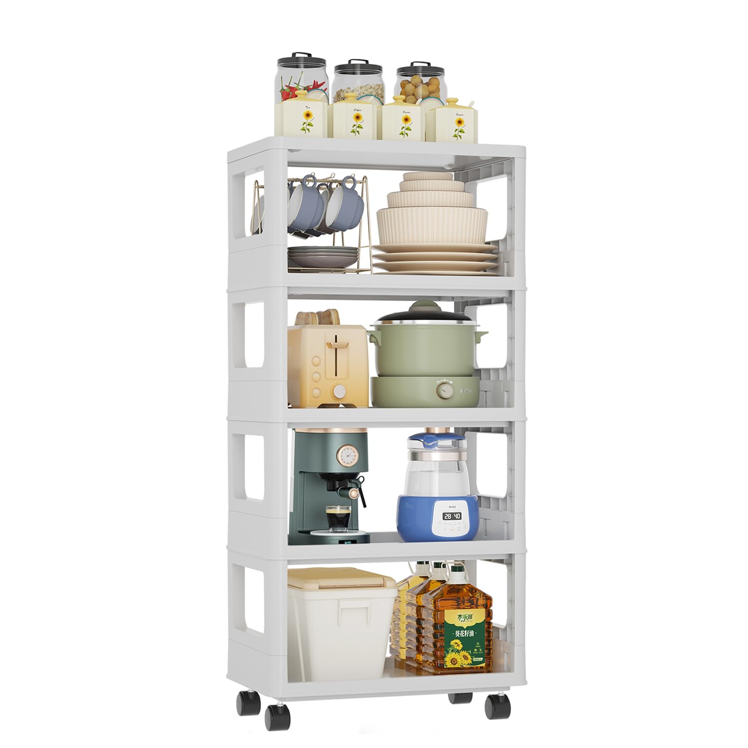 Rolling Storage Cart - Multifunctional Storage Shelve Laundry Room Organization, Bathroom Storage Shelf, Movable Storgae Cart for Home & Office White (4-Tier)