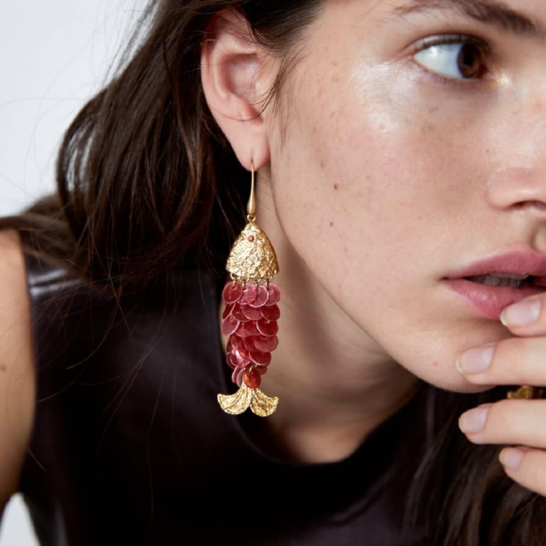 Fish Earrings for Women, Cute Animal Fishbone Tassel Earrings for Womens, Handmade Braided Shell Fish Dangle Earrings Hypoallergenic, Fish Bone Bohemian Drop Earrings, Sterling Silver, No Gemstone - Image 2