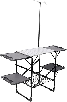 Folding Camping Kitchen Table, Portable Outdoor Cooking Station with Heat Resistant Aluminum Alloy Top, 4 Fold Out Side Tables, Storage Rack and Lamp Post for Outdoor Cooking Tailgating Picnic