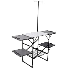 Folding Camping Kitchen Table, Portable Outdoor Cooking Station with Heat Resistant Aluminum Alloy Top, 4 Fold Out Side Tables, Storage Rack and Lamp Post for Outdoor Cooking Tailgating Picnic