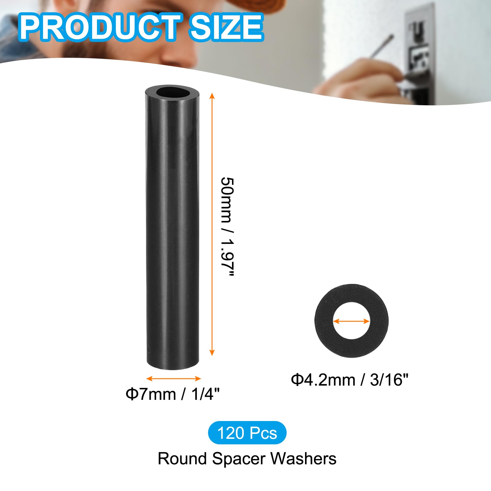 PATIKIL 120Pcs M4 ABS Spacers M4 x 7mm OD x 50mm L Plastic Round Spacer Washers Black Standoff Nut Unthreaded for Screws Bolts Electrical Outlet - Image 2