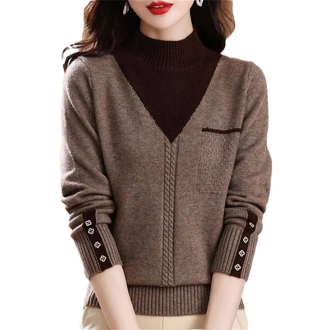 Suéteres con paneles de empalme para mujer, otoño e invierno, a la moda, cuello falso, manga larga, casual, suéter de punto delgado