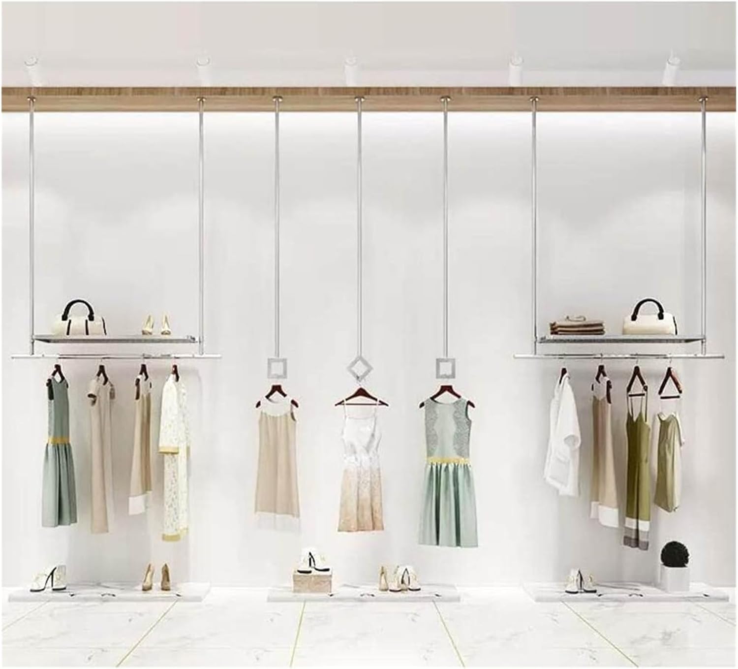 Clothes Rail Garment Rack Adjustable Height Ceiling Hanging Clothes Racks, Heavy Duty Commercial Garment Rod Retail Clothing Store Display Rack with Shelf Wedding(Silver-140X20CM