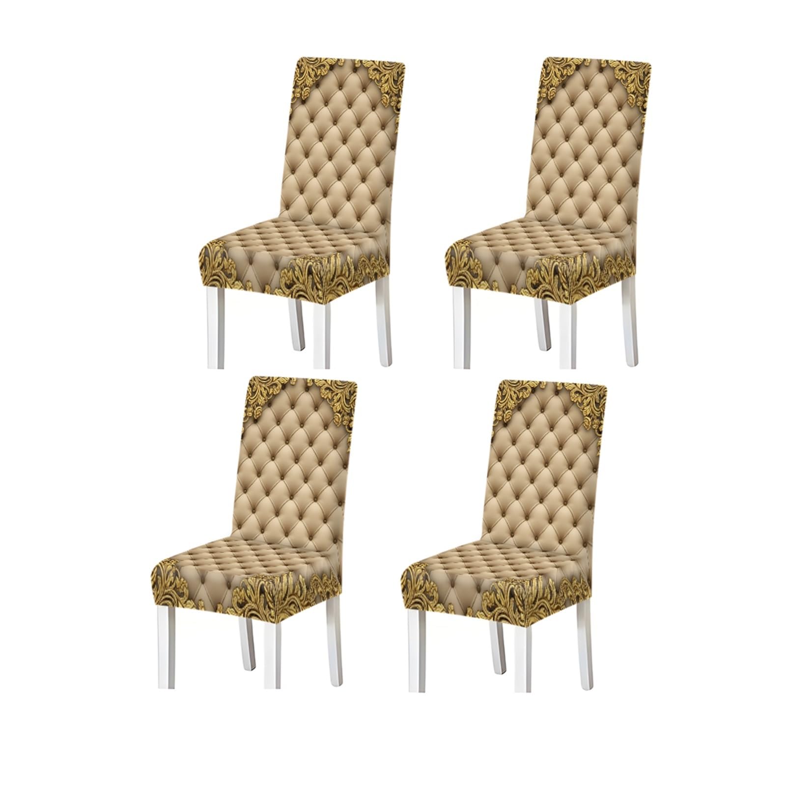 FZJKGH Luxury Beige Tufted Dining Chair Covers Set Of 2/4/6, Stretch Washable High Back Chair Covers, Baroque Print Removable Stretch Slipcovers for Dining Chairs(4PCSChair cover)