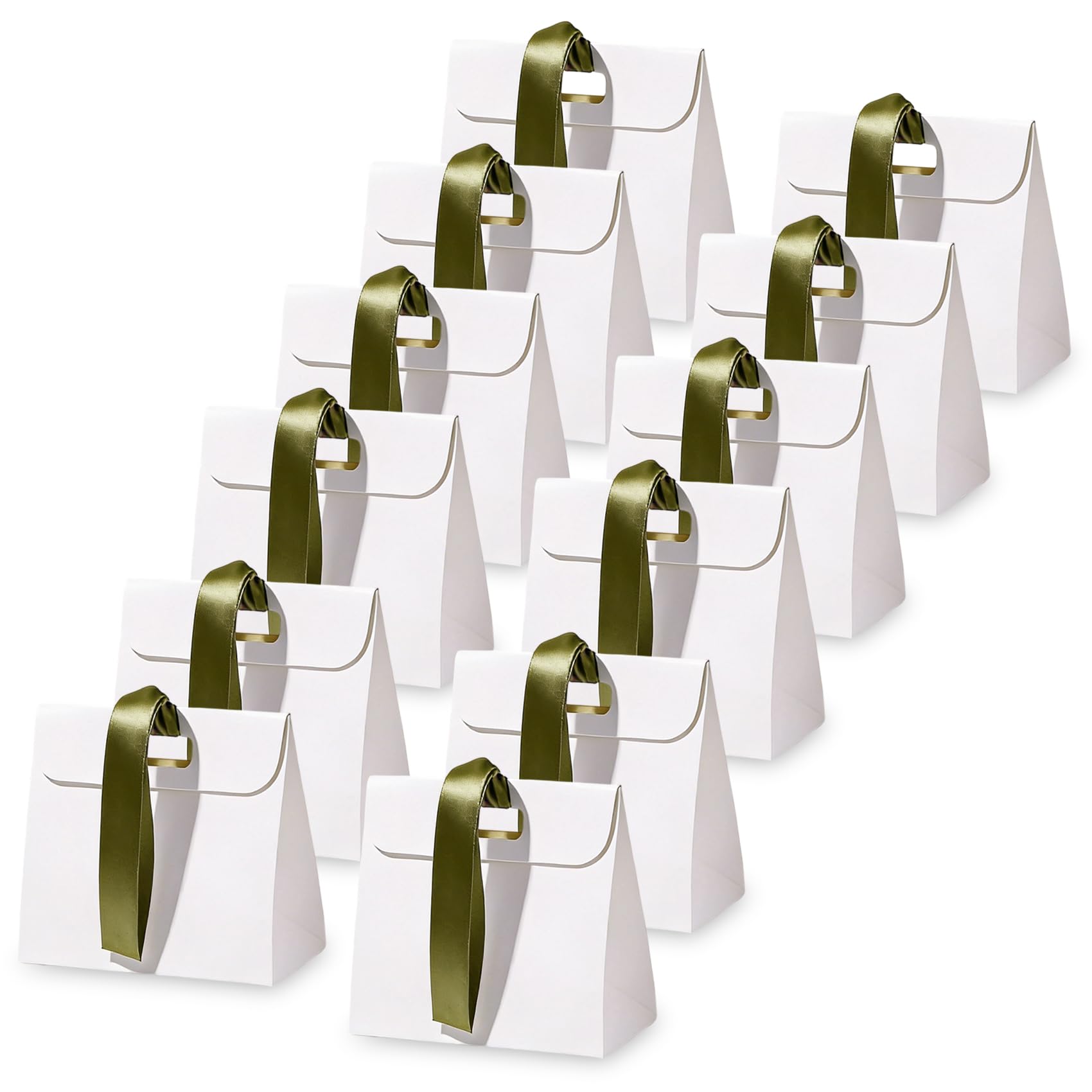 12Pcs Mini Gift Bags with Ribbon Handles, 6.1× 5.71× 2.95 inches White Small Gift Bags for Presents Party favour Bags for Birthday Wedding Baby Shower(White, Green)