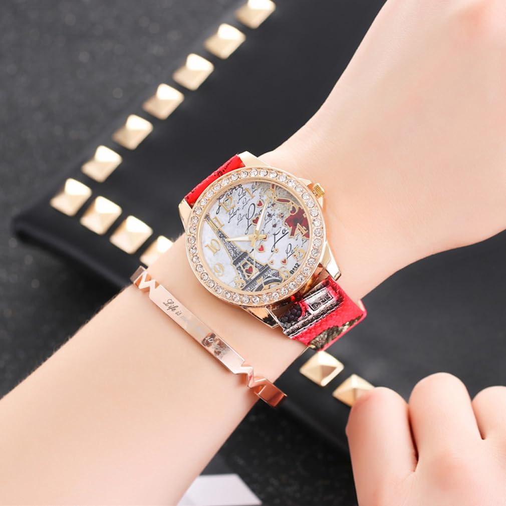 Reloj al por mayor de la correa de cuero de la PU 6 Pack Regalo del Día de la Madre Bling Rhinestone Acentuado Torre Eiffel Señoras Relojes de las mujeres, Movimiento de cuarzo 4