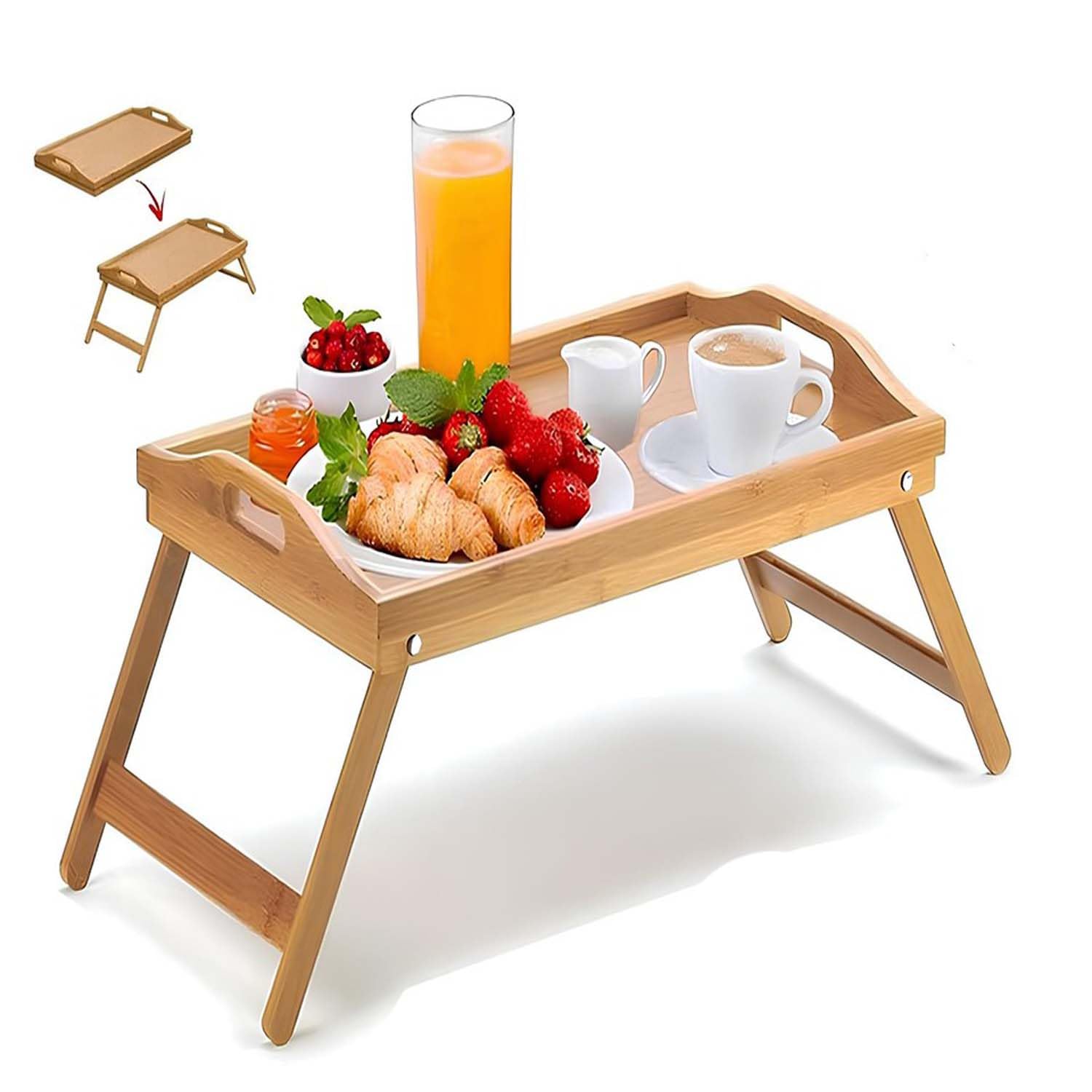 Bamboo Tray Wooden Bed Tray With Handles Folding Leg Serving Breakfast Lap Table