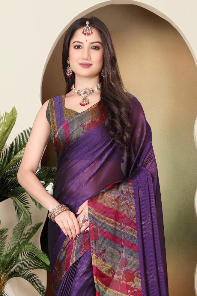 Image of SUPERLAXMI Women's Chiffon Floral Printed Saree with Blouse Piece