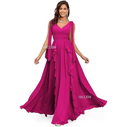 Ruffle Bridesmaid Dresses for Women Long V Neck Chiffon Ruched Flowy Formal Dress for Wedding