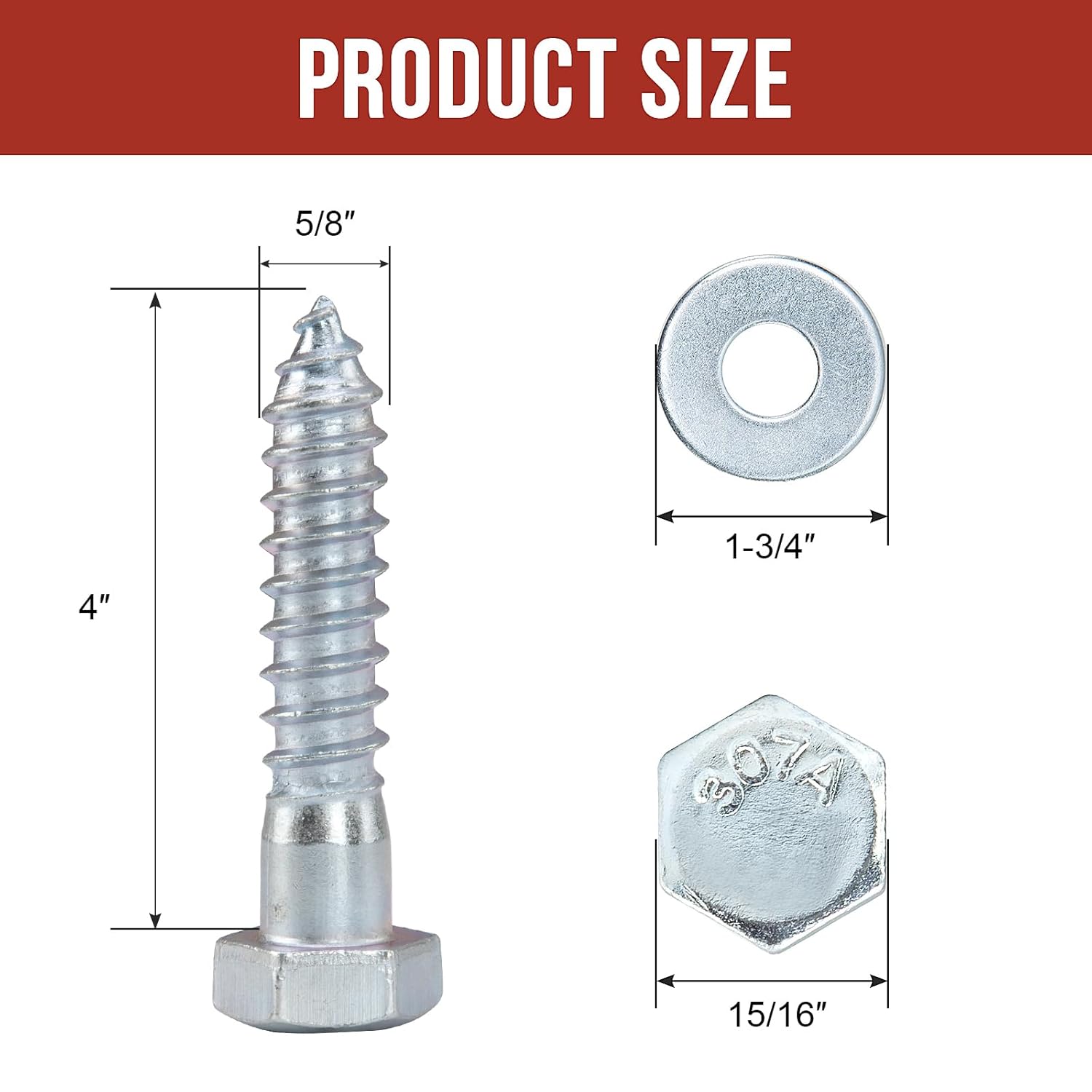 5/8" x 4" Lag Bolts (12 PCS) 5/8 inch Lag Screws for Wood, Heavy Duty Hex Head with Washers, Zinc Plated