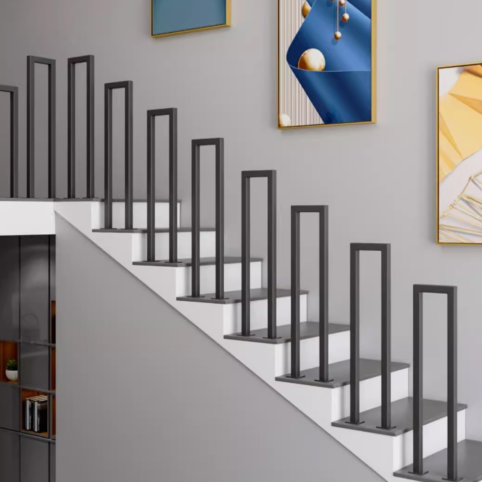 LWJSOCP Black Metal U shaped Handrail for Outdoor Stair Railing with Floor Mount 55cm (1.8ft)