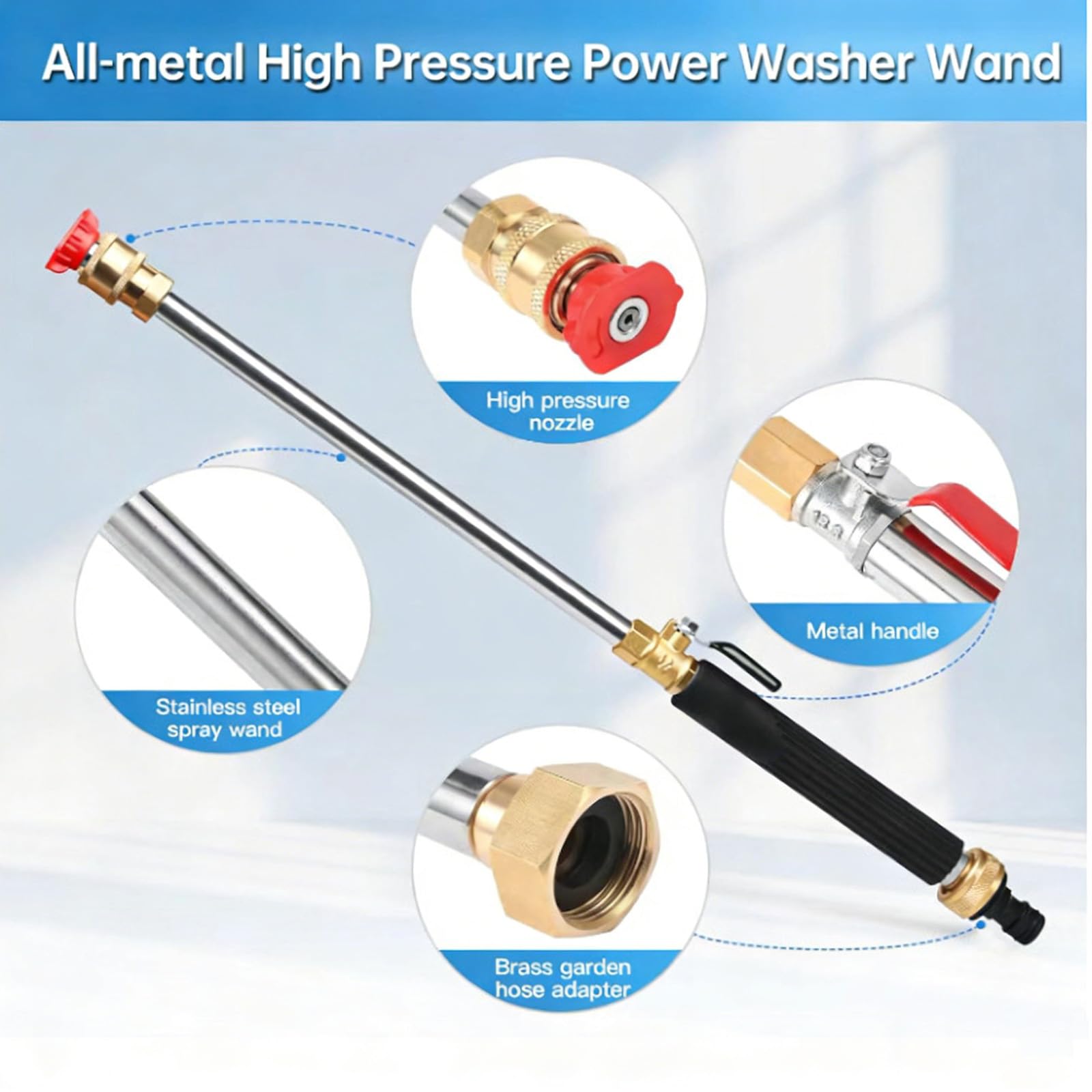 Jet Nozzle High Pressure Hose Nozzle, Jet Pressure Washer for Garden Hose with 3 Different Nozzles, 3-in-1 Pressure Power Wand, Hose Quick Connectors for Patio Car Pet Window Washing — view 6