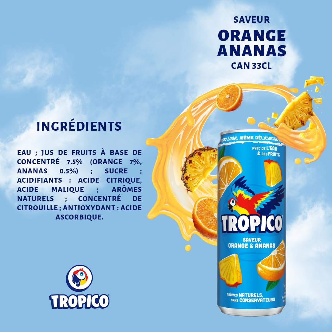 Tropico Boisson aux Fruits Saveur Orange et Ananas, Canette 33cl, Pack de 24