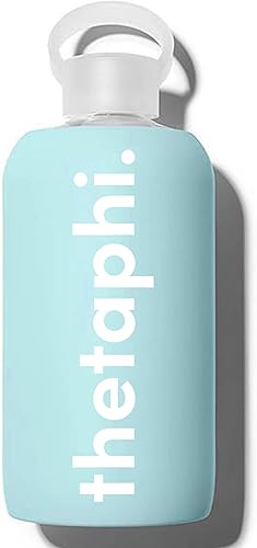 Sorority Shop Theta Phi Alpha - Botella de agua de vidrio con funda de silicona, botella de agua de vidrio de 16 onzas, botella de agua de vidrio