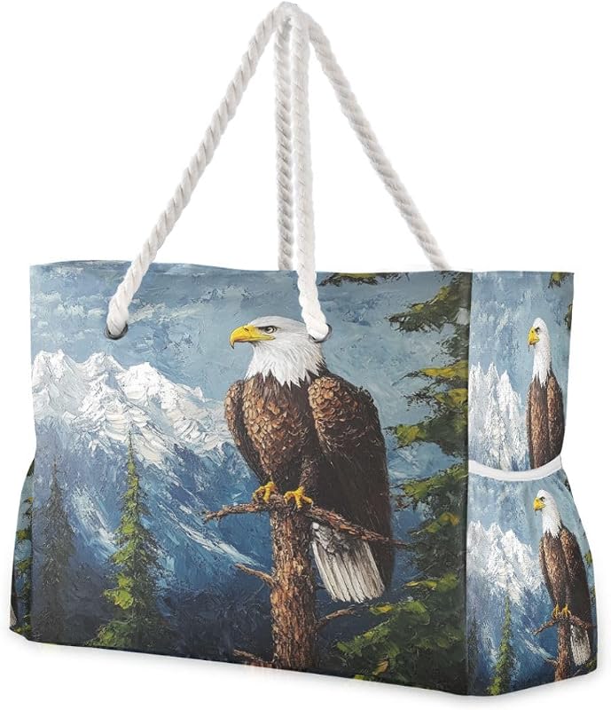 ALAZA Beach Bag, Eagles on Tree Mountains Forest Shoulder Beach Tote with Cotton Rope Handles