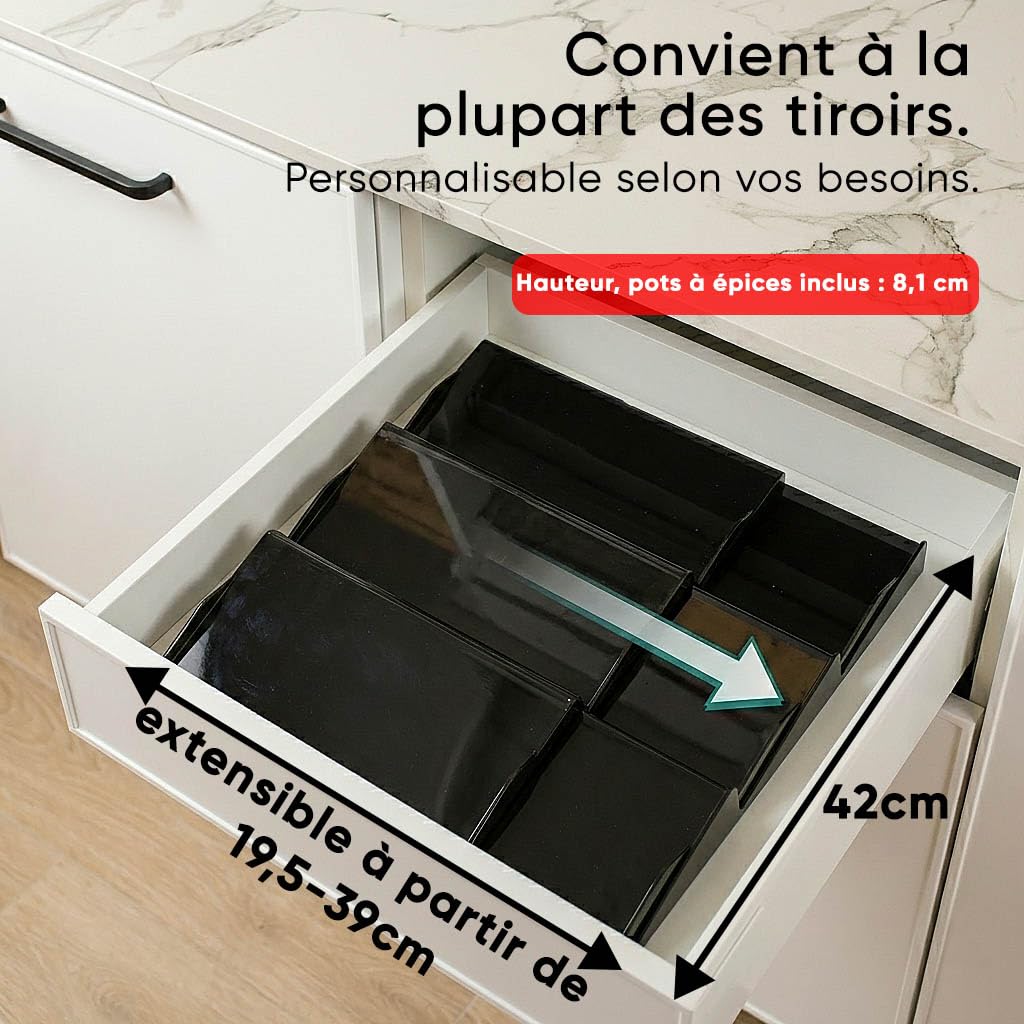 Deco haus® Range epices cuisine tiroir avec Pots Lot de 24 avec Étiquettes - Rangement épices tiroir - Organisateur epice Grande Capacité Extensible