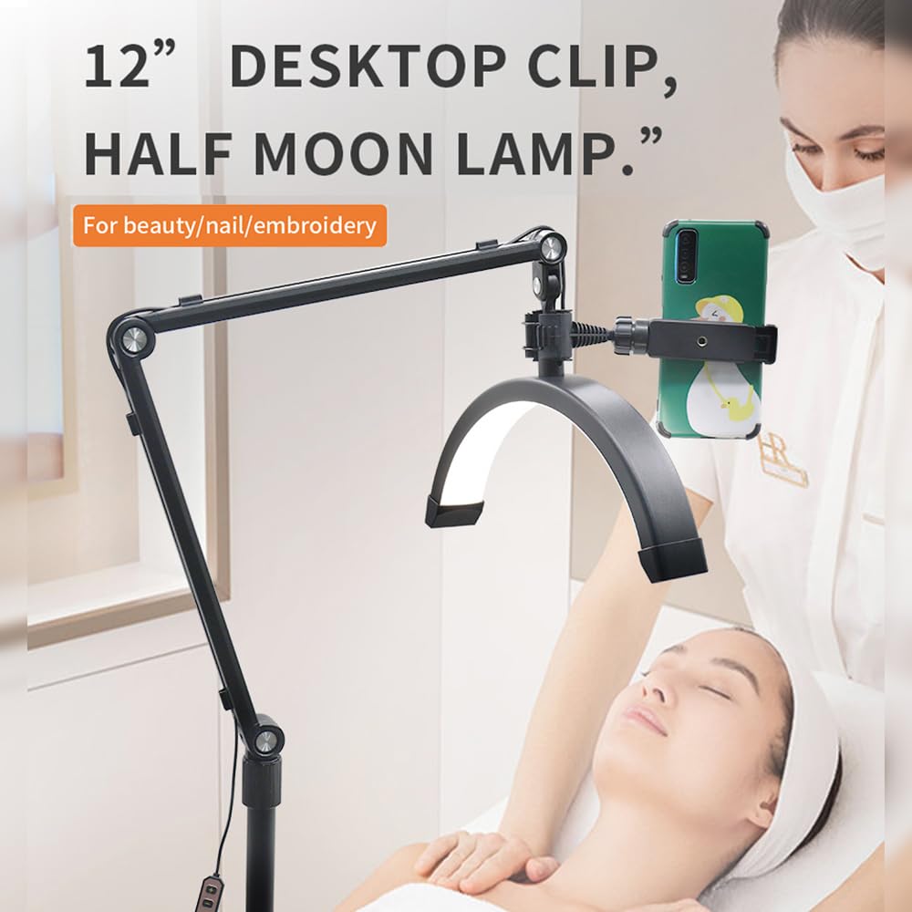 Andoer Lámpara LED de vídeo de 10 W, regulable, lámpara de media luna, 3200 K-5600 K, lámpara LED de suelo para pestañas con cable USB, abrazadera C, soporte para vlogging, salón de belleza,