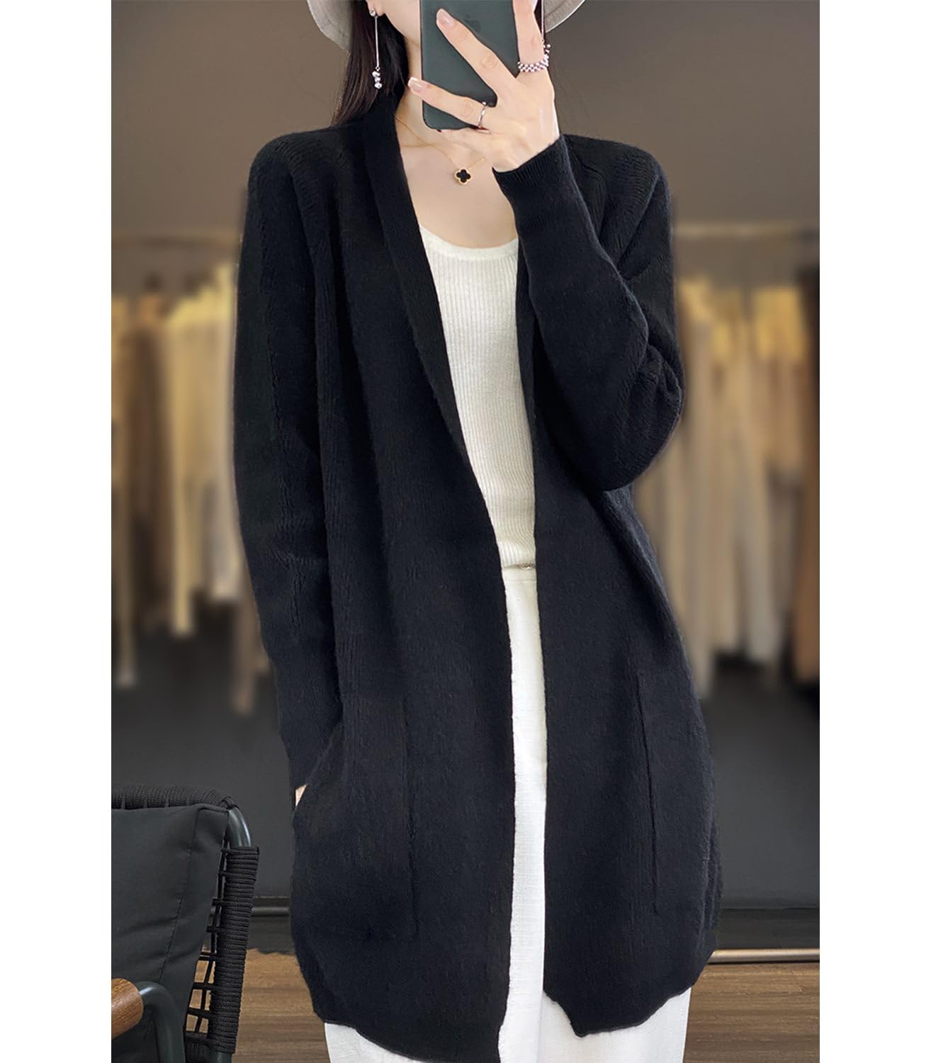 100% Merinowolle Strickpullover Strickjacken Damen Dicker Mantel mit Taschen Jacke Herbst Winter
