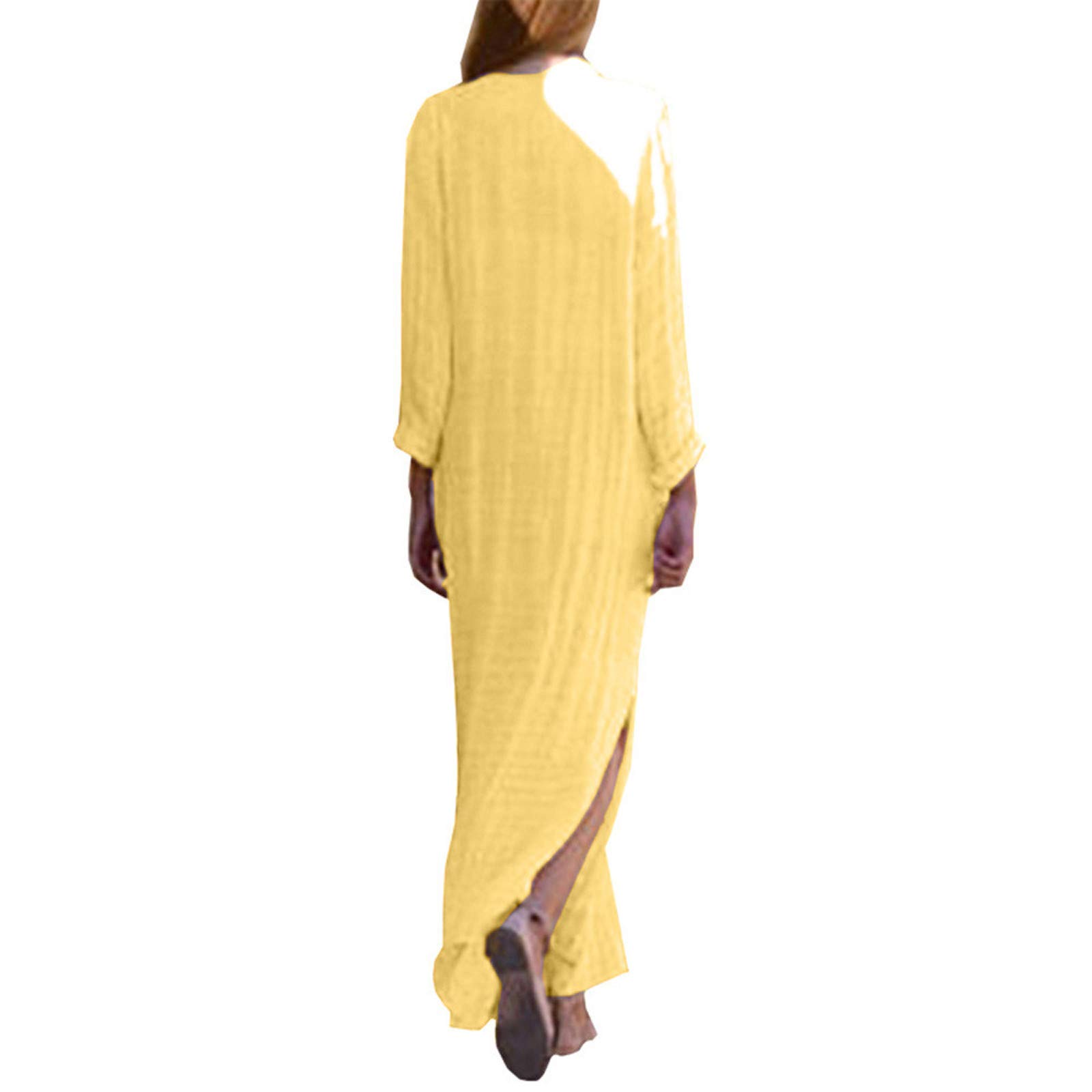Generico Robe longue d'été pour femme avec col en V, manches longues, ligne droite, coton et lin, confortable, robe avec impression, élégante, grande taille, décontractée, pour l'extérieur