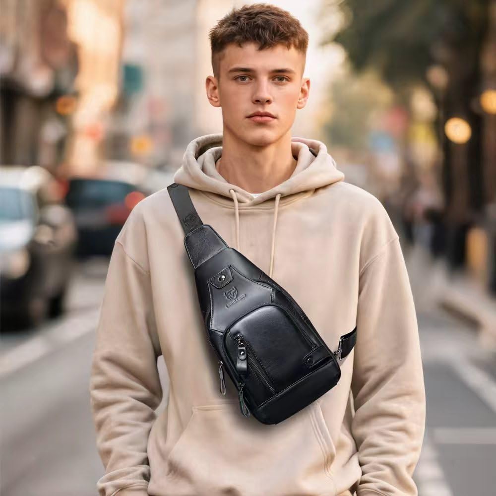 Sling Bag for Men Genuine Leather Chest Bag Crossbody Backpack Travel Hiking Outdoor Sports - Image 3