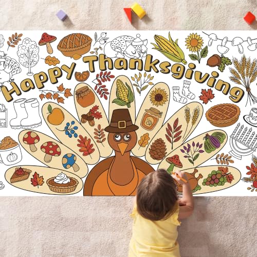Image of Thanksgiving Giant Coloring Poster /Tablecloth -Thanksgiving Crafts for Kids | 30 x 72 Inches Jumbo Thanksgiving Coloring Banner - Kids Crafts Activities Games Decor Thanksgiving Party Favors Decorations