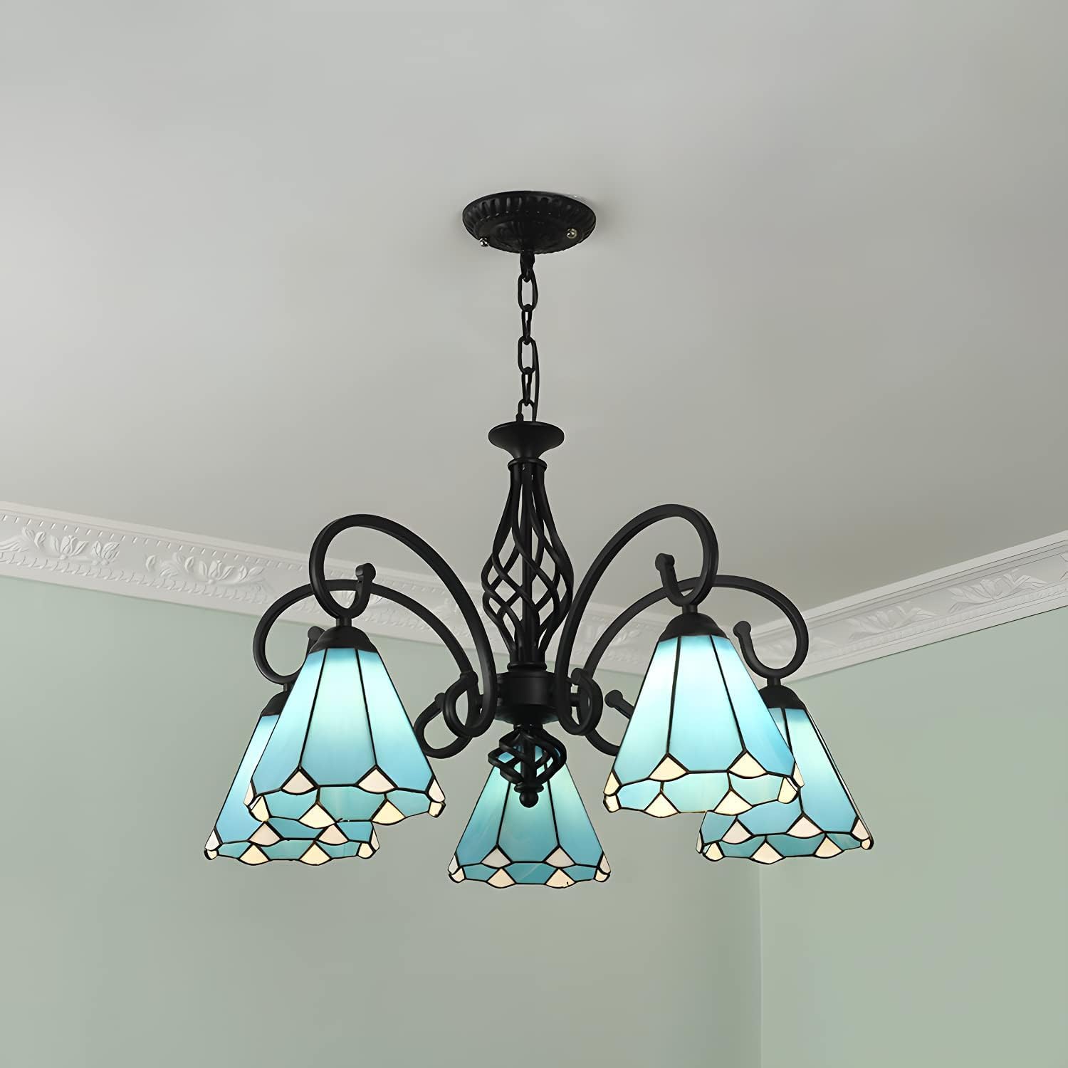 SXECAEPS Vintage Chandelier Blue Stained Glass Chandeliers Cone Shape Pendant ht 5 hts Style Dining Room Hanging Lamp