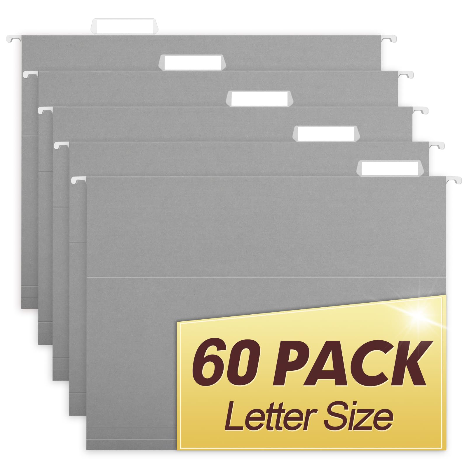 HERKKA Hanging File Folders, 60 Pack Reinforced Letter Size Hanging Folders, Designed for Bulky Files, Filing Cabinet, 1/5-Cut Adjustable Tabs (Gray)