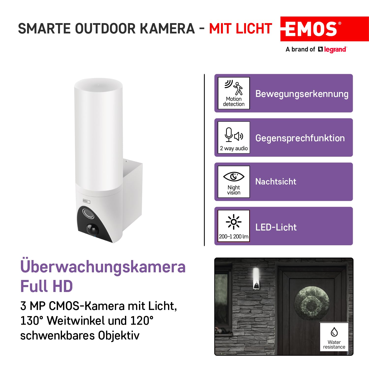 EMOS GoSmart kamera do monitoringu Smart Home Outdoor ze światłem – obracająca się o 3 MP kamera IP z aplikacją – noktowizor i syrena – kompatybilna z Google Assistant i Alexa – wodoszczelna, biała
