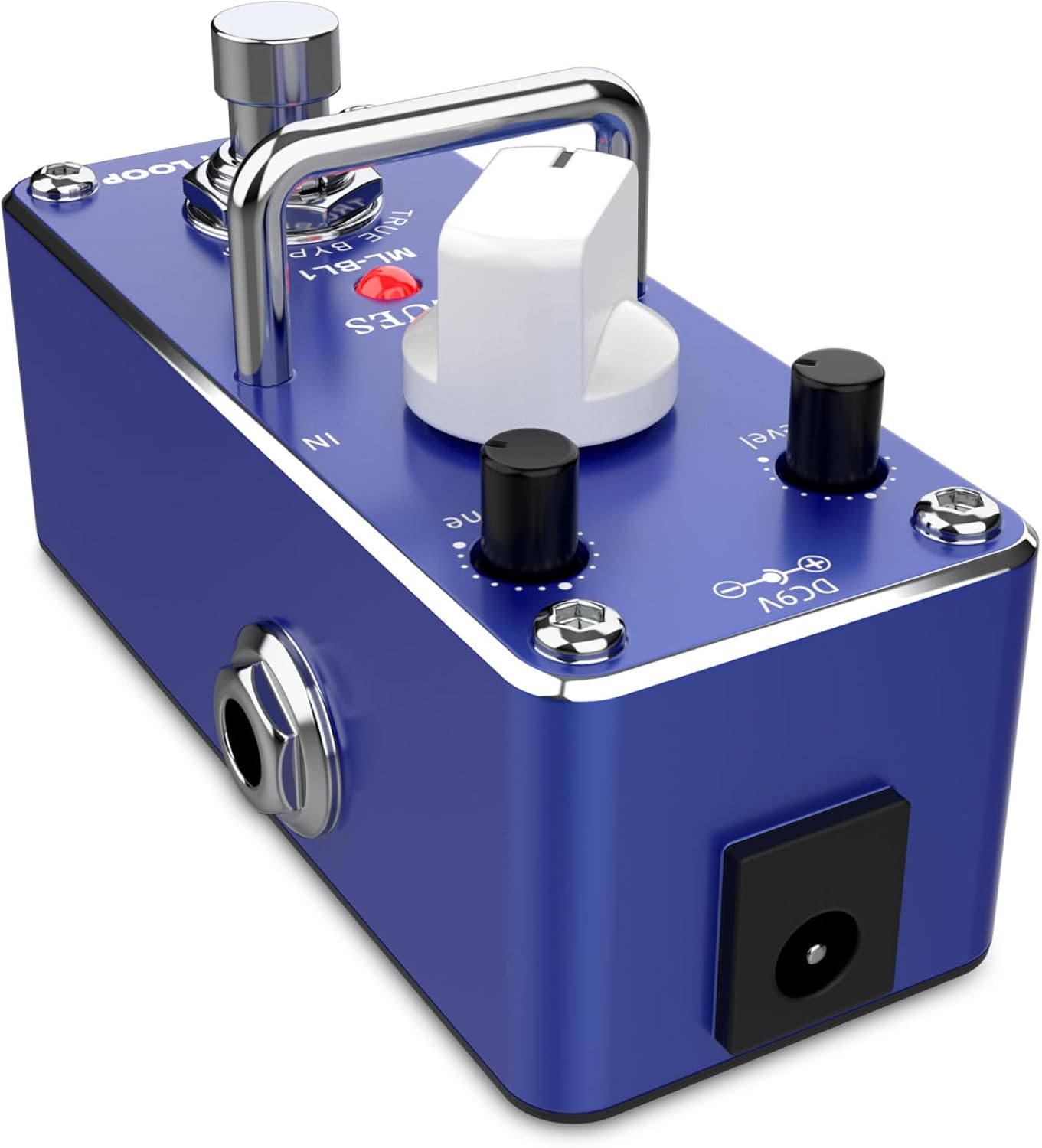 Monkey Loop ML-BL1 Blues Driver pedal, side view showing IN and OUT jacks and DC 9V power input.