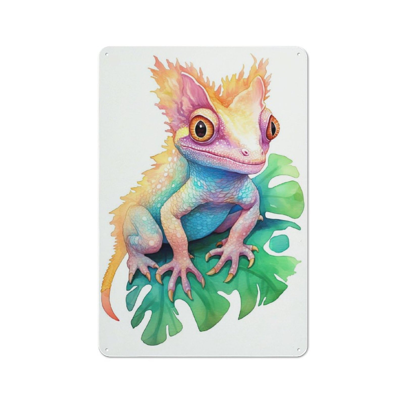 Junmoney Watercolor Gecko Painting Rustic Tin Wall Plaque 30X20cm For Studio Or Craft Room, For Garage, Workshop And Man Cave Decoration