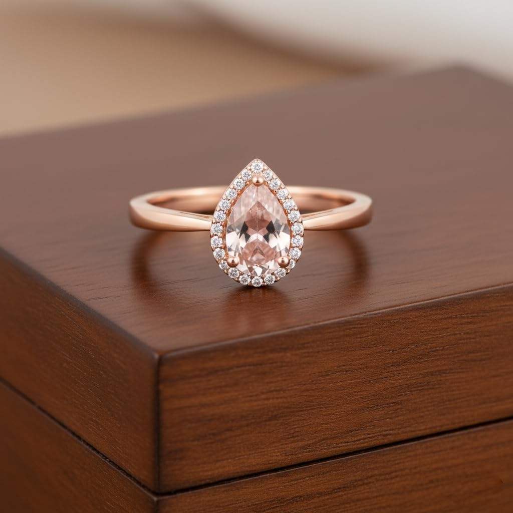 Jewelili 10K White or Rose Gold Halo Ring for Women | 8X5 MM Pear Cut Aquamarine or Morganite & Natural White Round Diamonds | Luxury Jewelry Gift for Her | Gift Box Included