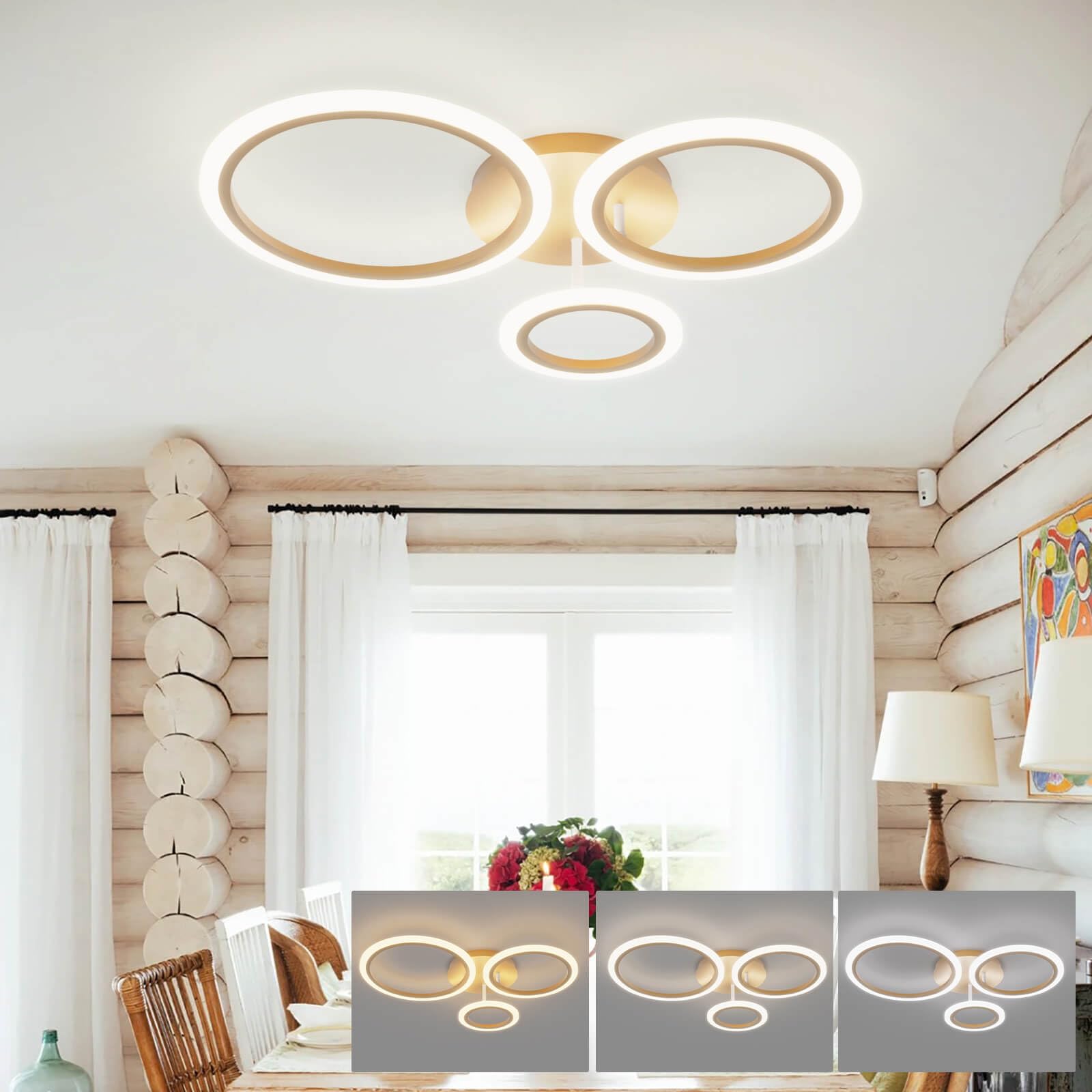 KeLuKes Gold LED Ceiling Lights, 59cm DimmableCeiling Light, 3-Ring Ceiling Lighting with Memory Function, 46W Smart Ceiling Lamp for Living Room Bedroom — image 1