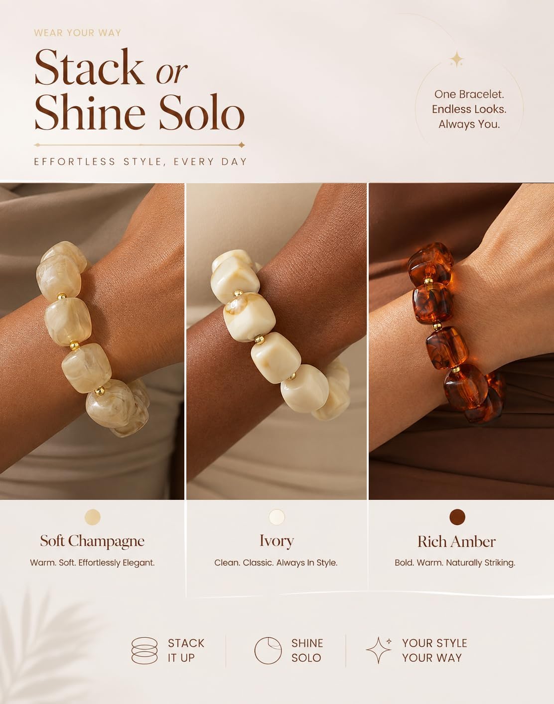 Chunky Beaded Bracelets for Women, Resin Statement Stretch Bracelet Stack