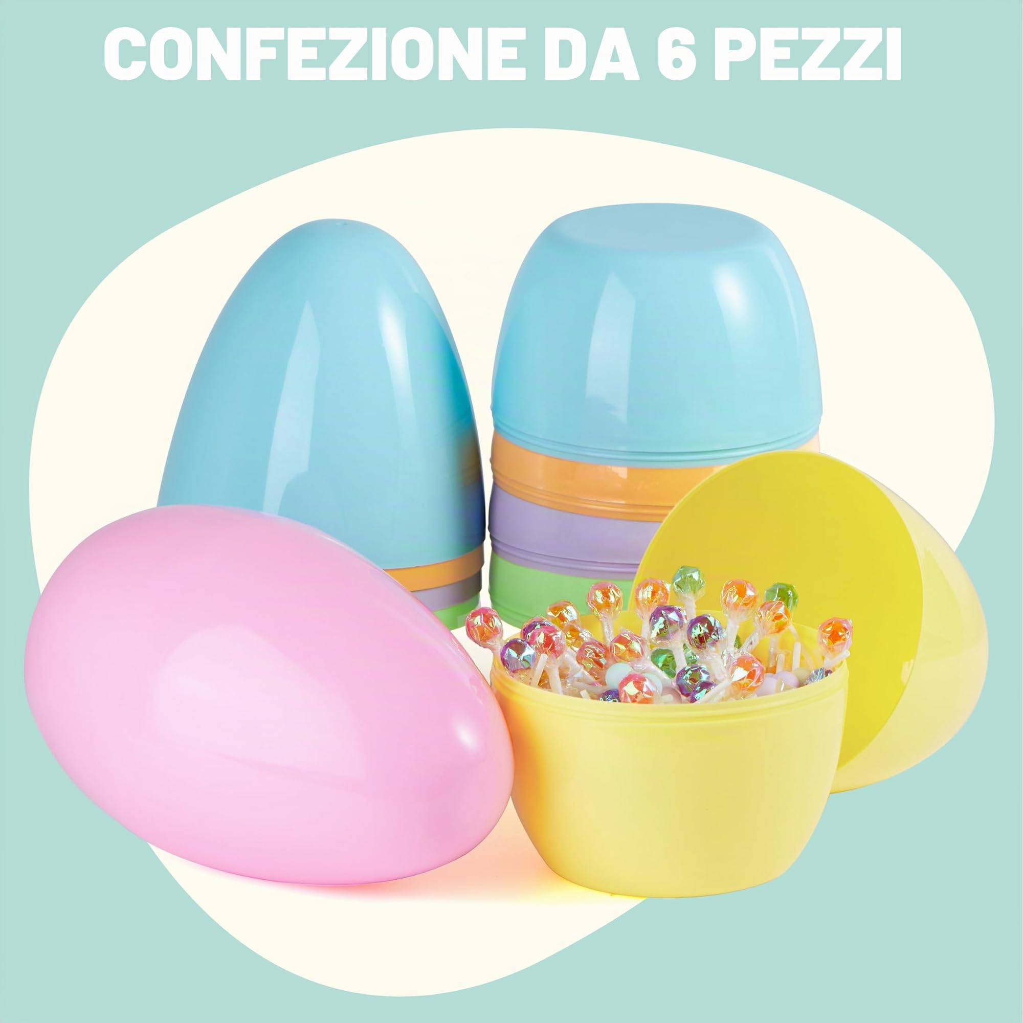 JOYIN Uova di Pasqua jumbo da 25,4 cm, 6 uova giganti vuote in plastica pastello, riempibili, per ripieni pasquali, bomboniere, caccia, premi in classe, decorazioni